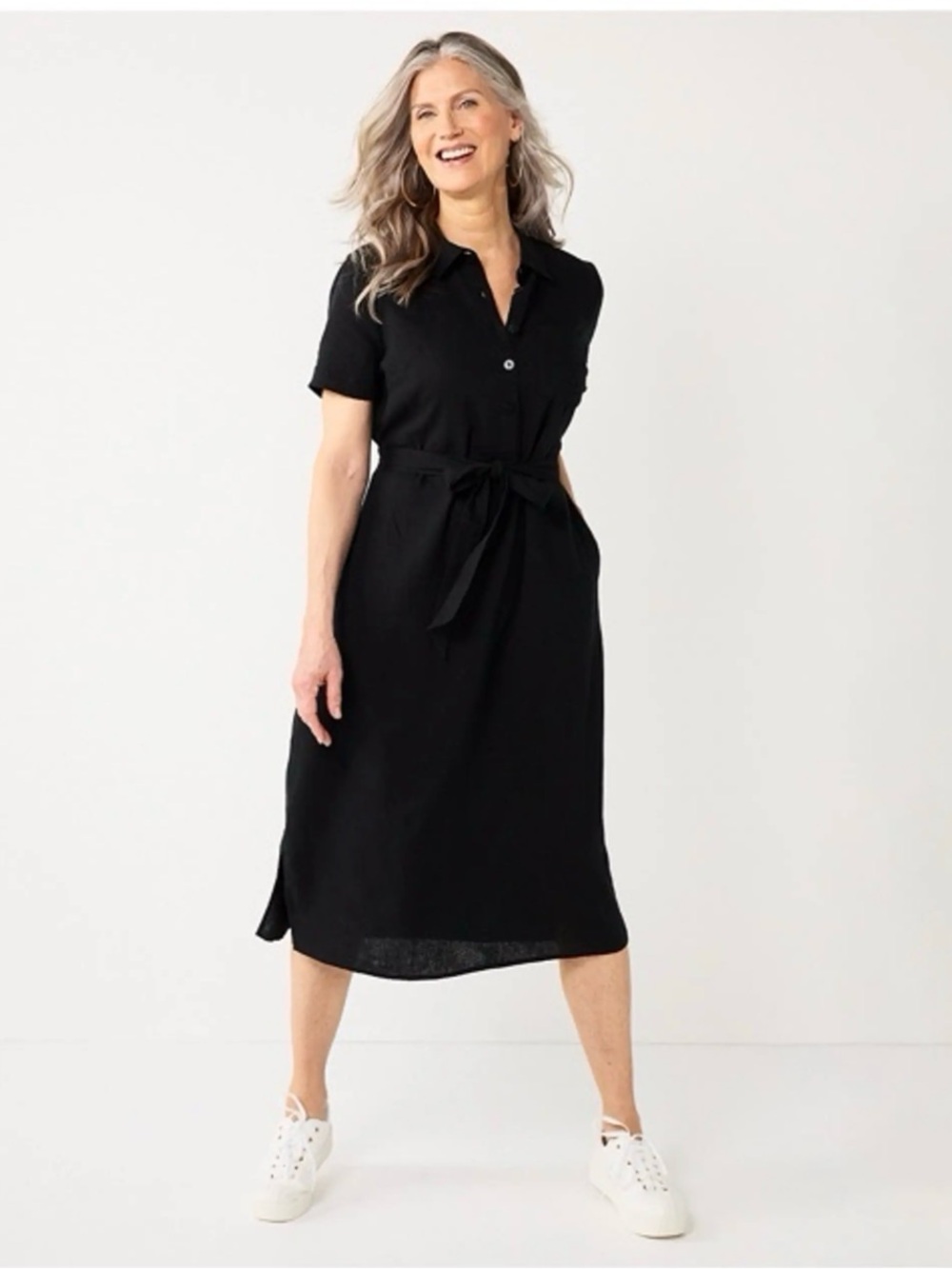 Croft & Barrow flare midi, button-front design, and a belted waist.